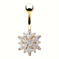 Golden flower navel ring with marquise and round cubic zirconia stones on white background - Gold