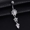 Floral silver stainless steel navel ring with crystal flower and pear-shaped drop - Silver