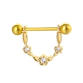 Piercing téton doré avec pendentif en U orné de trois petites fleurs en zircon - Forme de Vigne et Florale / Style 5 Or