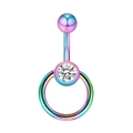 Rainbow stainless steel belly button ring with round zircon and hanging hoop charm - Colorful