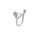 Silver heart clip-on nose ring with cubic zirconia stones and smooth metallic finish - White