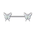 Silver 316 stainless steel nipple bar featuring iridescent purple butterfly motifs - White