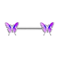 Surgical steel nipple piercing barbell featuring purple gradient enamel butterflies - Purple