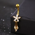 Golden belly ring with sparkling zircon flower and elegant long metallic tassels - Five-Petal Flower Tassel / Five-Petal Flower Gold