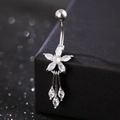 Silver flower belly ring with zircon petals and dangling teardrop tassel charms - Five-Petal Flower Tassel / Five-Petal Flower White