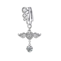 Silver non-pierced belly clip with three-diamond studs and winged heart pendant - No.9 Angel Wing Heart