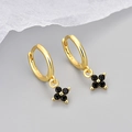 Gold plated S925 silver hoop earrings featuring black crystal four-leaf flower charms - Golden Black Rhinestone Clover Earrings