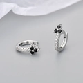 Silver hoop earrings with sparkling white zircons and black gemstone floral charms - Platinum Black Zirconia
