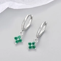 Macro view of S925 sterling silver four-leaf clover earrings with green zircon stones - Platinum Green Rhinestone Clover Earrings