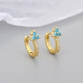 Macro detail of gold flower hoop earrings featuring blue zircon clover and white stones - Gold Tone Turquoise