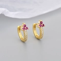 Gold flower earrings featuring pink stones and white cubic zirconia pave in 45-degree view - Gold Plated Red Zirconia