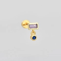 Detailed view of golden stud earring featuring purple rectangular and blue round stones - Rectangle Purple Mix