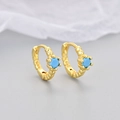 Detail of S925 stamped gold-plated hoop earrings with turquoise zircons and threaded texture - Blue Zircon Gold Plated