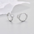 Polished silver textured hoop earrings with sparkling cubic zirconia solitaire stones - White Zircon Silver Plated