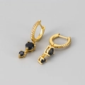 Close-up of gold S925 sterling silver earrings featuring black zircon tassels with fine details - Gold Color / Black Rhinestone
