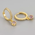 Close-up of S925 sterling silver gold-plated hoop earrings with pink round gemstone drop - Pink Rhinestone Round Hoop (Gold Tone)