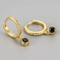 Detailed close-up of S925 gold-plated earrings with black gemstone and zircon pavé - Black Rhinestone Round Hoop (Gold Tone)