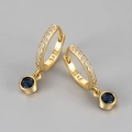 Detail of S925 stamped golden hoop earrings with small zircons and navy blue round stones - Royal Blue Rhinestone Round Hoop (Gold Tone)