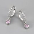 Close-up of S925 hallmark on silver hoop earrings with pink round zircon pendant - Pink Rhinestone Round Hoop (Silver Tone)