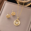 18K gold-plated heart pendant necklace and earrings set with micro-paved crystals - Circle Heart Jewelry Set (8232) / Gold