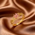 Adjustable golden vine ring with pink zircon flower and delicate leaf pattern - Pink