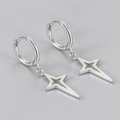 Polished S925 sterling silver huggie earrings with a four-pointed star drop design - White Gold