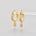 Golden hoop earrings with pink rectangular zircon pendant and star engravings - Gold/Pink Zirconia