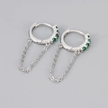 Silver chain earrings with emerald green zircon stones and delicate linked hoops - Chain Hoop Earring / Platinum/Green