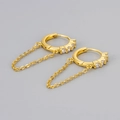 Gold chain huggie hoop earrings with white zircon crystals shown in a flat lay view - Chain Hoop Earring / Gold/White