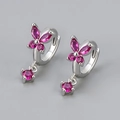 Silver butterfly hoop earrings with vibrant pink zircon stones in a symmetrical design - Platinum / Rose Red Zirconia