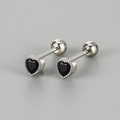 Minimalist silver screw back heart stud earrings with black cubic zirconia gemstones - White Gold / Black