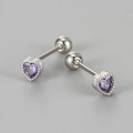 Close-up of heart-shaped purple zircon stud earring with S925 silver screw back detail - White Gold / Purple