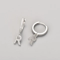 Detail of silver hoop earring with sparkling zircon-paved letter R pendant charm - Silver / R