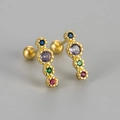 Golden screw back earrings with vertical colorful crystals for cartilage and ear bone - Gold Multicolor Zirconia