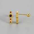 Detail of gold-plated S925 silver stud earring with four round orange zircons and screw back - Gold Plated Red Zirconia