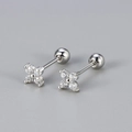 Diamond clover silver stud earrings with screw back design and cubic zirconia flower - Four-Leaf Flower Screw Stud / Platinum Color / White Rhinestone