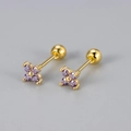 Elegant gold four-leaf clover stud earrings with purple crystals and screw back ball - Four-Leaf Flower Screw Stud / Gold Color / Purple Rhinestone