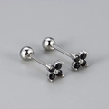 Silver four-leaf flower stud earrings with black zircon stones and screw back closure - Four-Leaf Flower Screw Stud / Platinum Color / Black Rhinestone