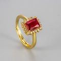 Macro view of adjustable gold-plated ring with rectangular red zircon and halo setting - Gold/Red