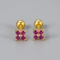 Detail of four-petal flower earrings with pink zircons and screw back fasteners - Four-Leaf Flower Screw Stud / Gold/Rose Red Rhinestone