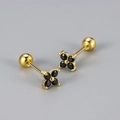 Macro view of gold flower earrings with black stones and screw back closure - Four-Leaf Flower Screw Stud / Gold Color / Black Rhinestone