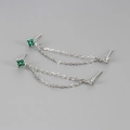 Silver double hole chain earrings with green gem clover and white zircon stones - Silver-Green Zirconia