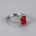 Detail of red rectangular zircon ring with pave setting and adjustable open band - Silver/Red