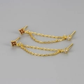 Double piercing chain earrings with zircon flower stud in gold finish for women - Gold Tone - Red Zircon
