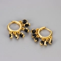 Macro detail of gold hoop earrings with five hanging faceted black zircon charms - Black Zirconia Tassel Huggie