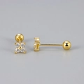 Detailed close-up of 925 silver gold clover stud earrings with screw-back closures - Four-Leaf Flower Screw Stud / Gold Color / White Rhinestone