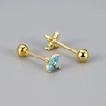 Close-up of gold four-leaf flower studs with turquoise stones and screw ball back - Four-Leaf Flower Screw Stud / Gold/Turquoise Embellishment