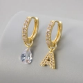 Asymmetric gold earrings with drop zircon and letter A charm for fashionable women - Copper / Gold-Letter A