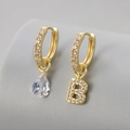 Asymmetric gold earrings with drop-shaped zircon and letter B pendant for women - Copper / Gold-Letter B