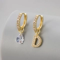 Gold asymmetrical earrings featuring waterdrop crystal and crystal-paved letter D - Copper / Gold-Letter D